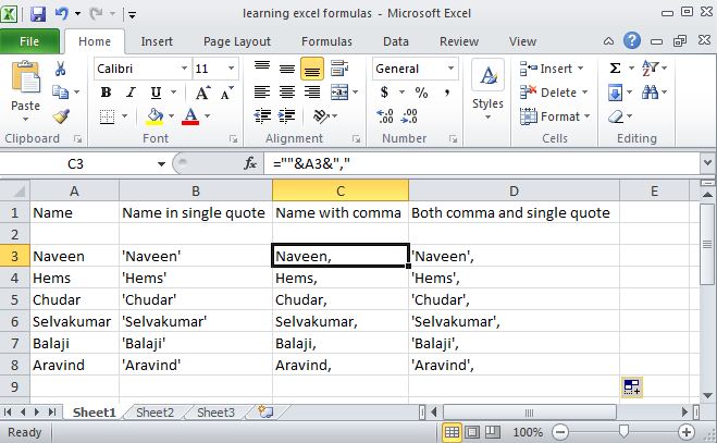 Adding Comma Or Single Quotes For All The Rows In The Column Excel Ngdeveloper 6198