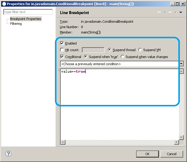 How to use conditional breakpoint in eclipse