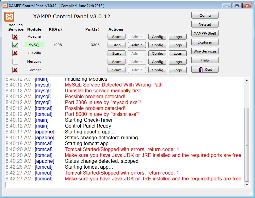 XAMPP Ports. Ошибка Apache Tomcat. Return code.